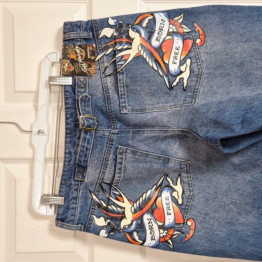 Ed Hardy Denim Jeans Loose Fit Wide Leg Born Free Women Size 32 NWT